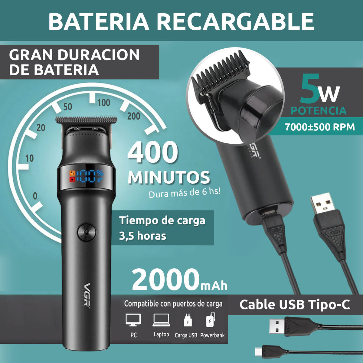 Máquina Patillera VGR V-987 Turbo 7000 RPM duración 400m Usb